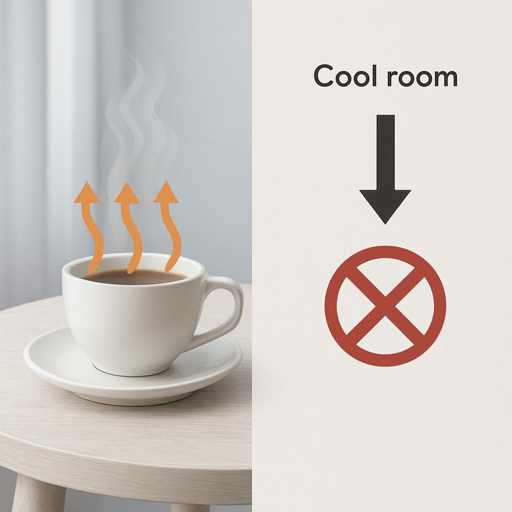 A simple educational diagram: A cup of hot tea on a table in a cool room. Arrows show heat moving from the tea to the surrounding air. Next to the image, a cross mark is placed over arrows that would represent heat flowing from the cool air back into the tea. Caption below: 'Heat naturally flows from hot to cold.' Clear, clean style, easy to understand.