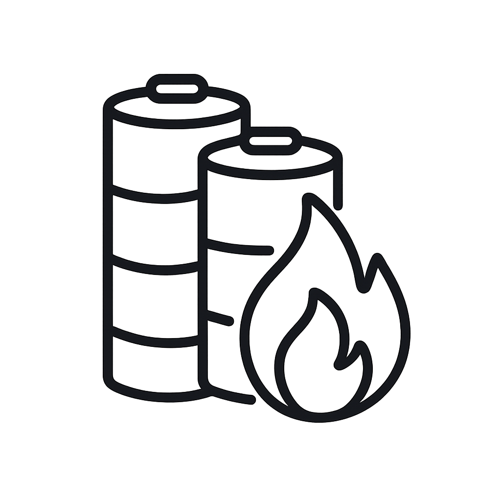 A line drawing of two batteries, one with an illegible symbol or flame on its side.