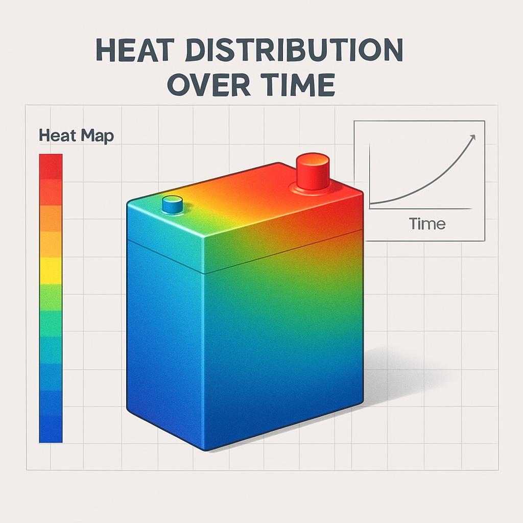An illustration of a battery with a heat map of heat distribution over time.